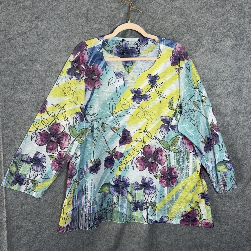 Jess & Jane Tunic Top Women 2X Multicolor Floral Chiffon Hem Lightweight Stretch
